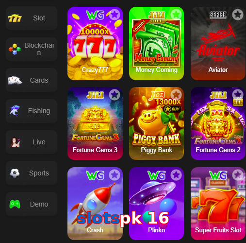 Main screen of Slotspk 16 game page for PK players
